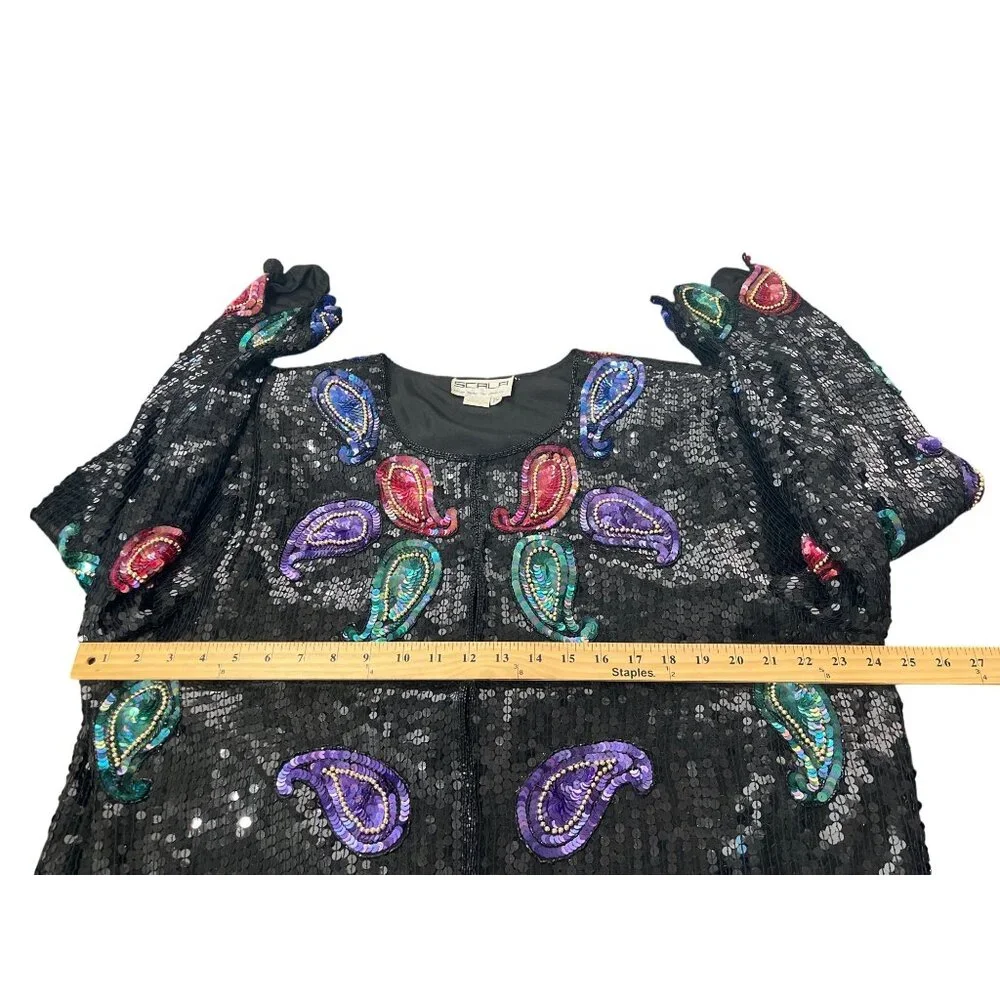 Vintage Scala Sequin Silk Jacket Paisley Beaded Black Purple Pink Blazer Size 2X - Picture 10 of 10